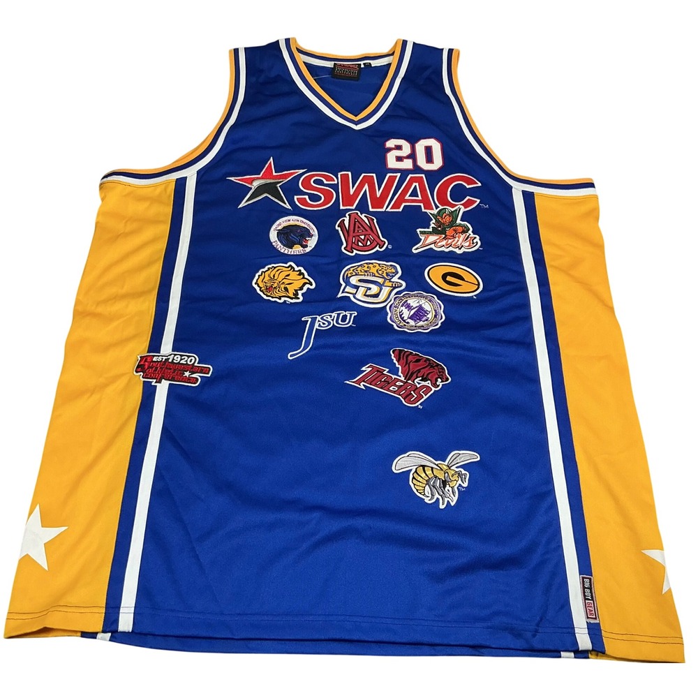 SWAC HBCU Mens Basketball Jersey‎ Blue Gold Stitched Logos Sz 56 NWT